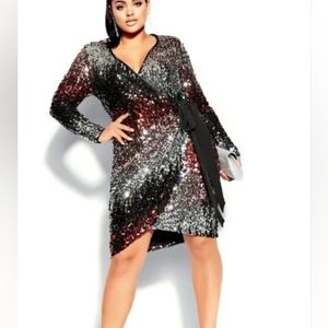 City Chic Glam Sequin Long Sleeve Dress - Black, Silver, and Red